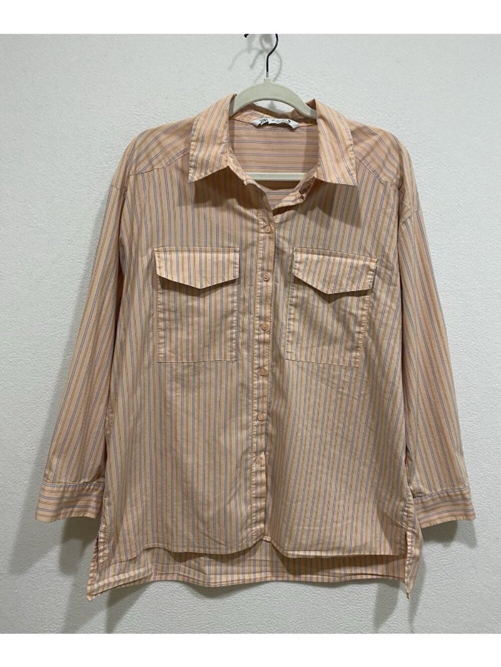 Zara Top Womens Large Peach Stripped Button Up Oversized Boho Festival Preppy